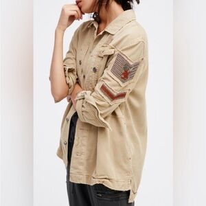 Free People• Tan Embellished Military Utility Shirt Jacket